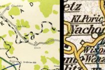 Plánovaná železnice na pruské mapě z druhé poloviny 19. st. a realizovaná železnice na turistické mapě z r. 1947