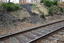 Uhelné sloje vystupují v Jestřebích horách na několika místech až na povrch. Zde v zářezu železnice za Chvalčem.