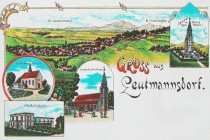 Obec Leutmannsdorf (dnes Lutomia) s pomníkem prvního německého císaře  na historické pohlednici