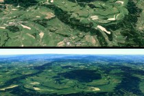 Polická křídová pánev na 3D modelu krajiny. Zalesněnou plošinu Adršpašsko-teplických skal lemují v širokém oblouku rovněž zalesněné strmé svahy vnější kuesty.