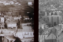 Náchod- náměstí a meandrující Metuje, stav před regulací (kolem r. 1914) a dnes, foto - archiv náchodského muzea